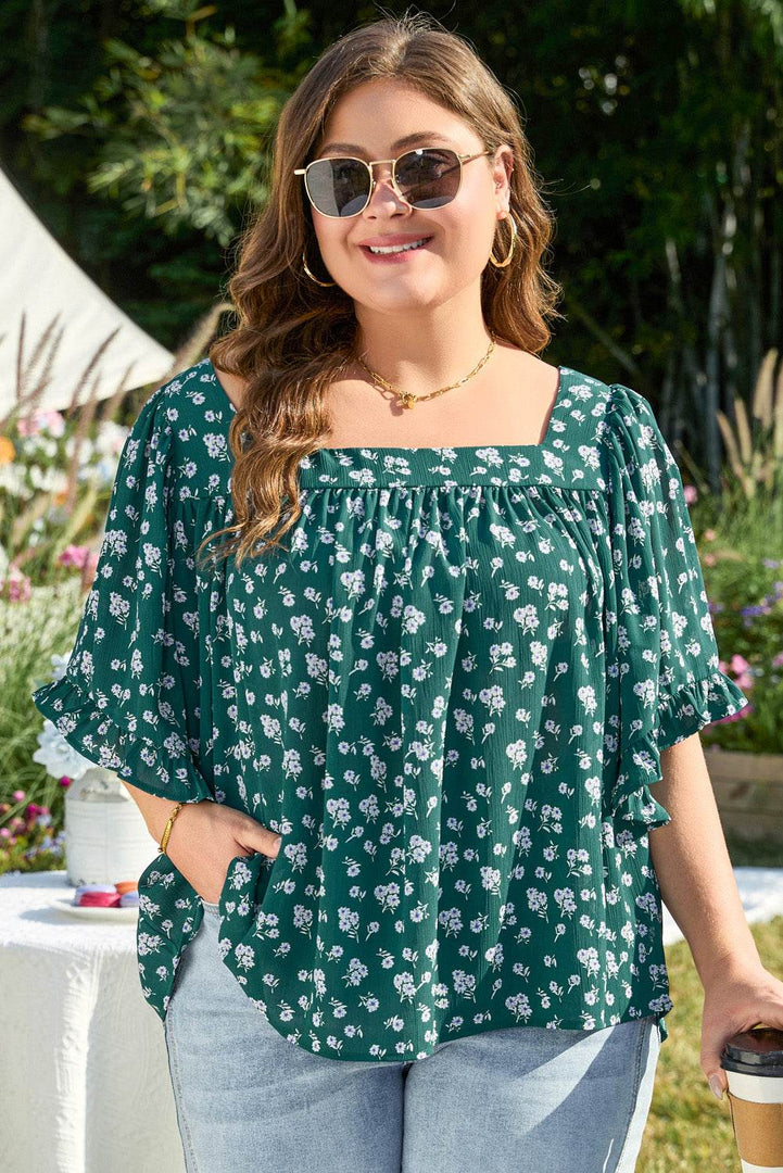 Green Floral Print Square Neck Ruffled Trim Plus Size Blouse - Fashion Queen -  6