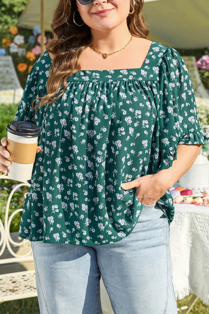 Green Floral Print Square Neck Ruffled Trim Plus Size Blouse - Fashion Queen -  7