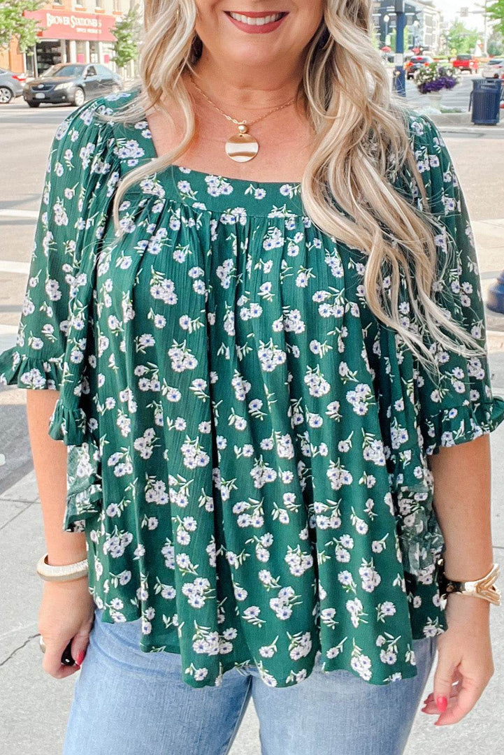 Green Floral Print Square Neck Ruffled Trim Plus Size Blouse - Fashion Queen -  8