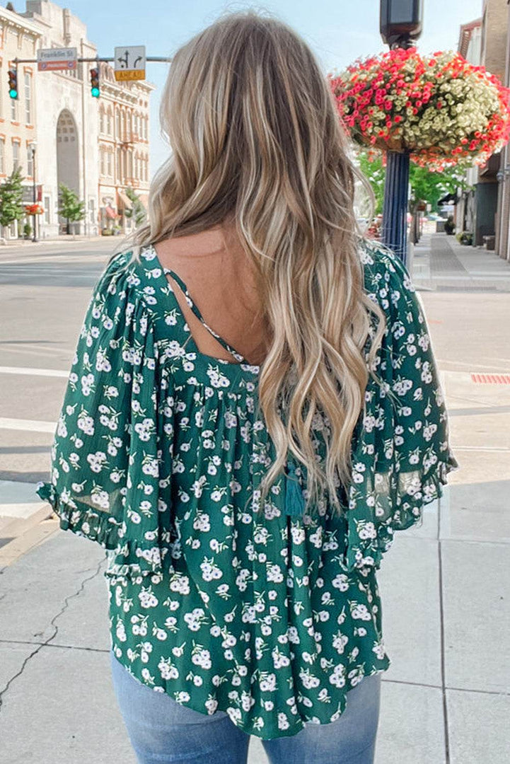 Green Floral Print Square Neck Ruffled Trim Plus Size Blouse - Fashion Queen -  9