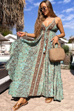 Load image into Gallery viewer, Green Floral Print V Neck Ruffled Trim Backless Tassel Waist Maxi Dress - Fashion Queen -  10
