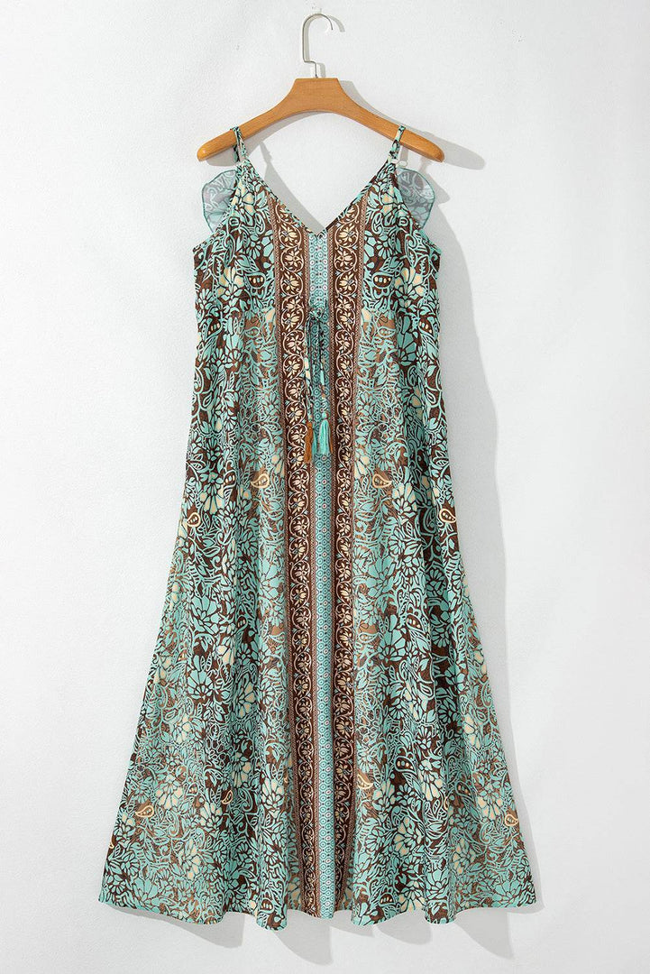 Green Floral Print V Neck Ruffled Trim Backless Tassel Waist Maxi Dress - Fashion Queen -  11