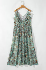 Load image into Gallery viewer, Green Floral Print V Neck Ruffled Trim Backless Tassel Waist Maxi Dress - Fashion Queen -  12
