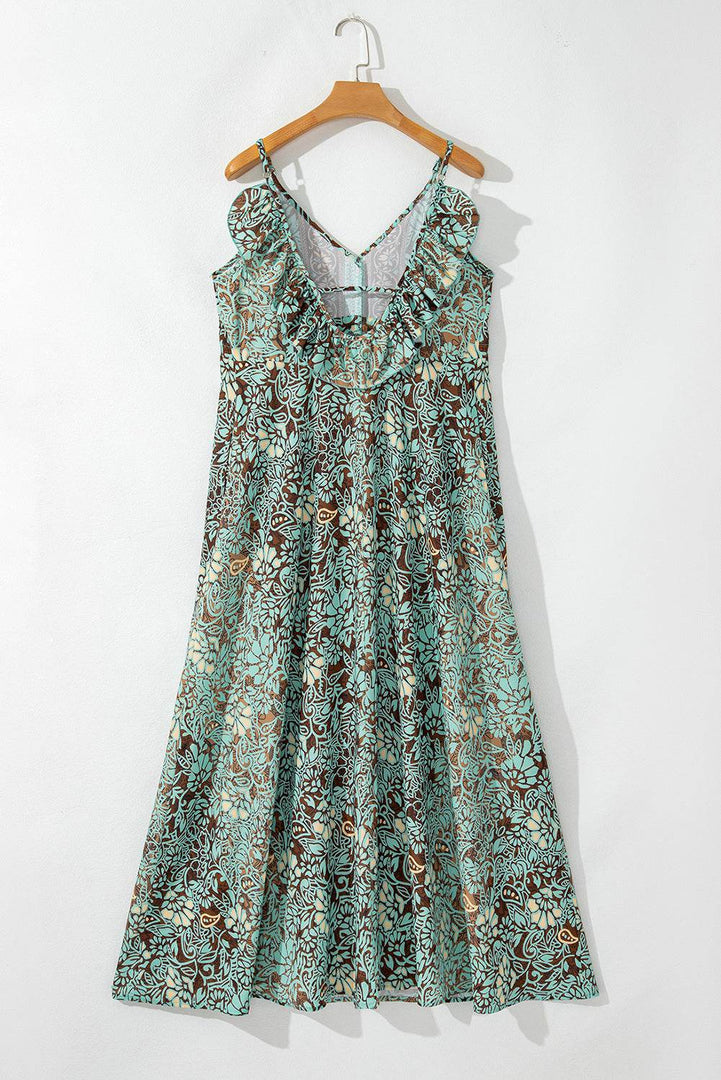 Green Floral Print V Neck Ruffled Trim Backless Tassel Waist Maxi Dress - Fashion Queen -  12