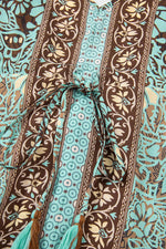 Load image into Gallery viewer, Green Floral Print V Neck Ruffled Trim Backless Tassel Waist Maxi Dress - Fashion Queen -  14
