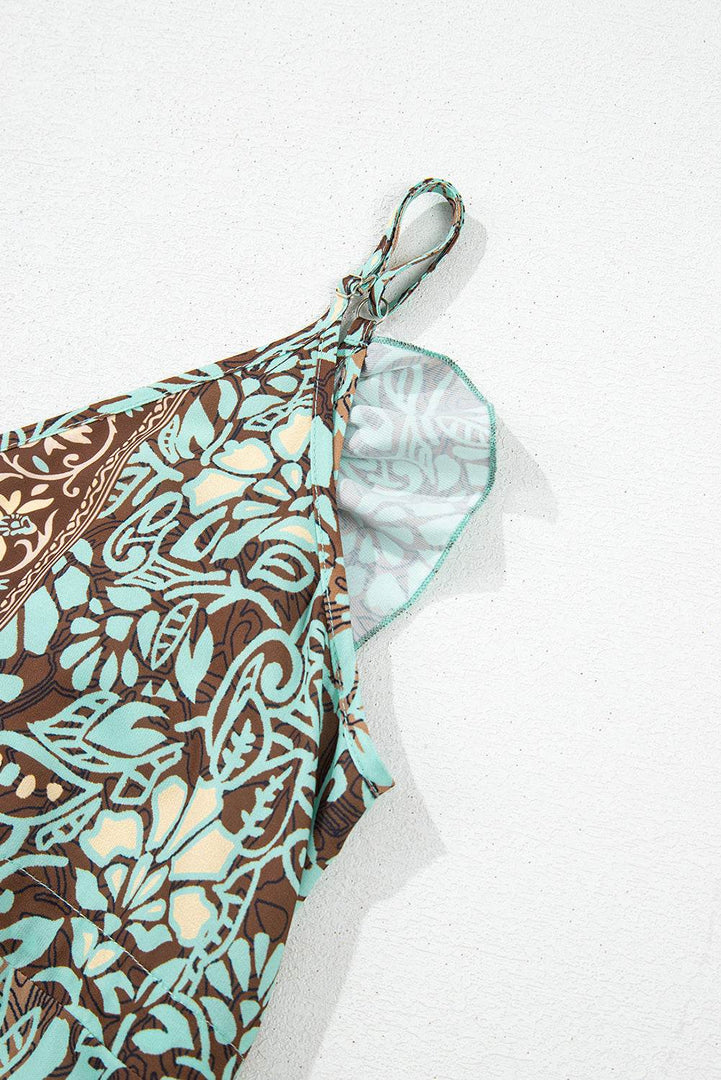 Green Floral Print V Neck Ruffled Trim Backless Tassel Waist Maxi Dress - Fashion Queen -  15