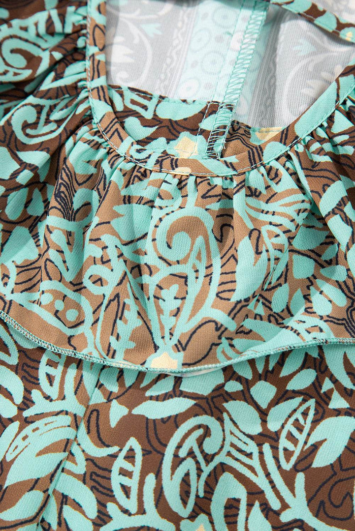 Green Floral Print V Neck Ruffled Trim Backless Tassel Waist Maxi Dress - Fashion Queen -  18