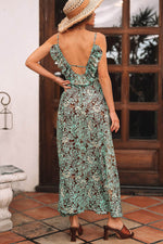 Load image into Gallery viewer, Green Floral Print V Neck Ruffled Trim Backless Tassel Waist Maxi Dress - Fashion Queen -  2
