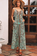 Load image into Gallery viewer, Green Floral Print V Neck Ruffled Trim Backless Tassel Waist Maxi Dress - Fashion Queen -  4
