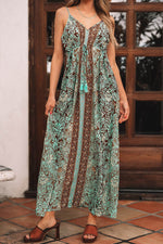 Load image into Gallery viewer, Green Floral Print V Neck Ruffled Trim Backless Tassel Waist Maxi Dress - Fashion Queen -  5
