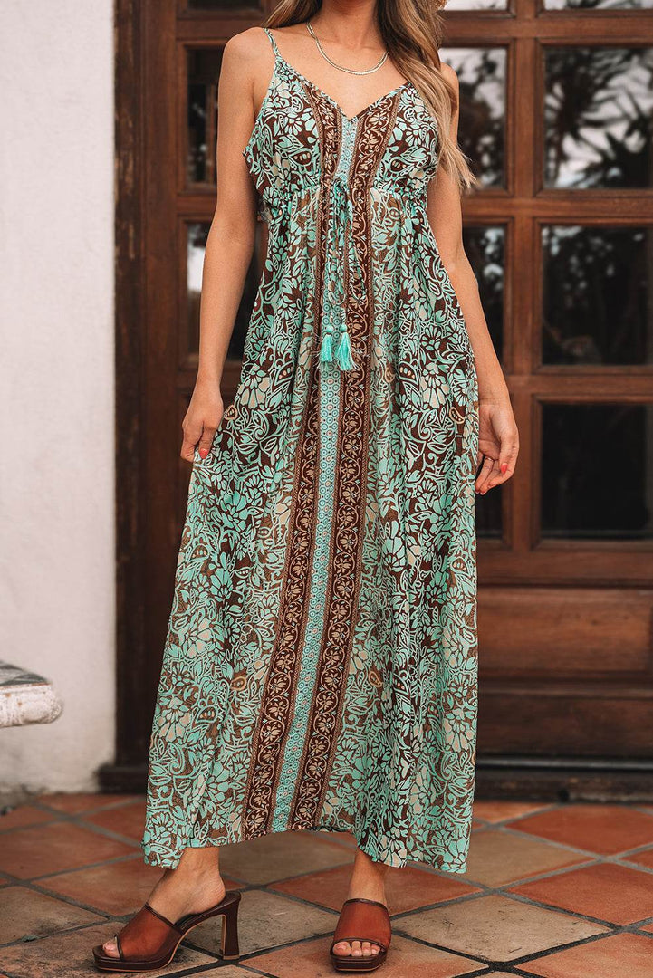 Green Floral Print V Neck Ruffled Trim Backless Tassel Waist Maxi Dress - Fashion Queen -  5