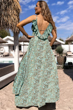 Load image into Gallery viewer, Green Floral Print V Neck Ruffled Trim Backless Tassel Waist Maxi Dress - Fashion Queen -  8
