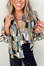 Load image into Gallery viewer, Green Geometric Print Buttoned Balloon Sleeve Loose Fit Shirt - Fashion Queen -  1
