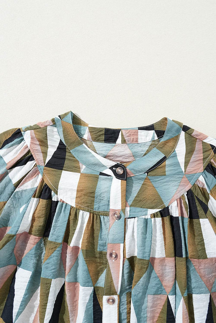 Green Geometric Print Buttoned Balloon Sleeve Loose Fit Shirt - Fashion Queen -  11