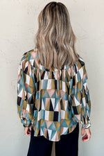 Load image into Gallery viewer, Green Geometric Print Buttoned Balloon Sleeve Loose Fit Shirt - Fashion Queen -  2
