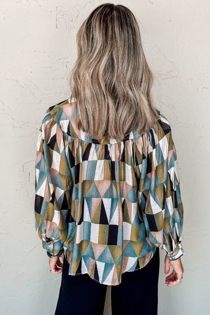 Green Geometric Print Buttoned Balloon Sleeve Loose Fit Shirt - Fashion Queen -  2