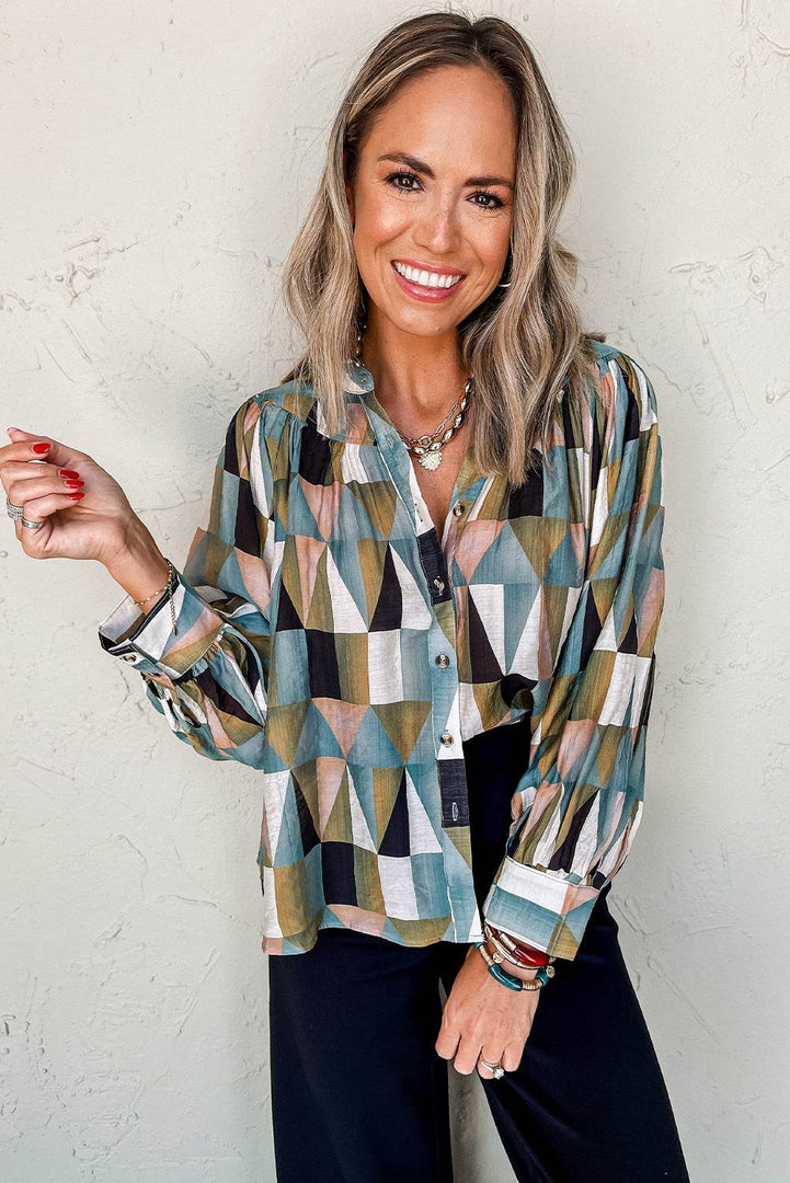 Green Geometric Print Buttoned Balloon Sleeve Loose Fit Shirt - Fashion Queen -  3