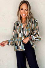 Load image into Gallery viewer, Green Geometric Print Buttoned Balloon Sleeve Loose Fit Shirt - Fashion Queen -  4
