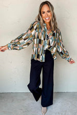 Load image into Gallery viewer, Green Geometric Print Buttoned Balloon Sleeve Loose Fit Shirt - Fashion Queen -  5
