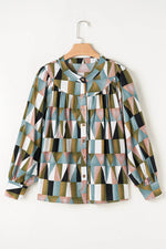 Load image into Gallery viewer, Green Geometric Print Buttoned Balloon Sleeve Loose Fit Shirt - Fashion Queen -  6
