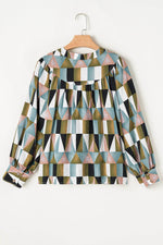 Load image into Gallery viewer, Green Geometric Print Buttoned Balloon Sleeve Loose Fit Shirt - Fashion Queen -  7
