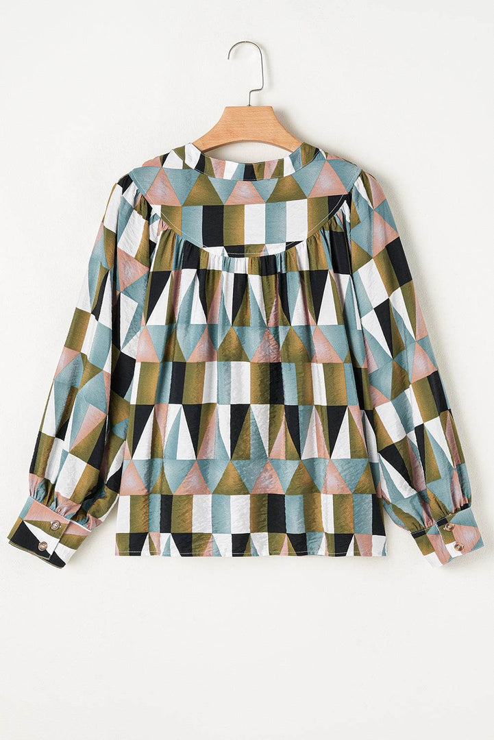 Green Geometric Print Buttoned Balloon Sleeve Loose Fit Shirt - Fashion Queen -  7