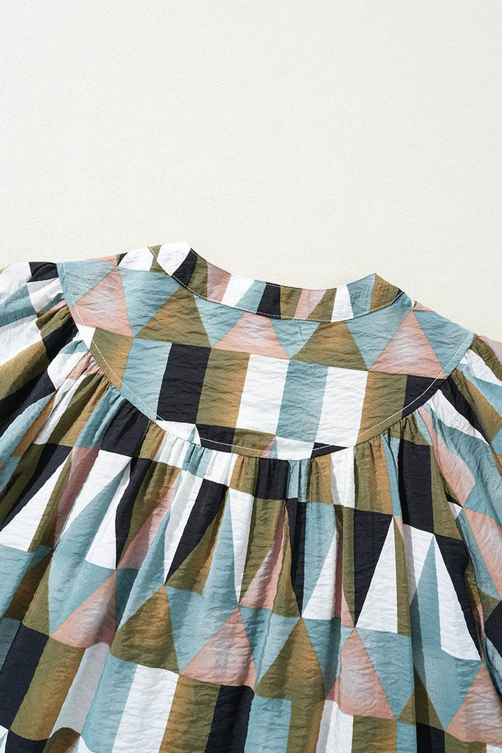 Green Geometric Print Buttoned Balloon Sleeve Loose Fit Shirt - Fashion Queen -  9