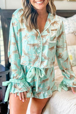 Load image into Gallery viewer, Green Leopard Satin Ruffle Pajama Short Set - Fashion Queen -  1
