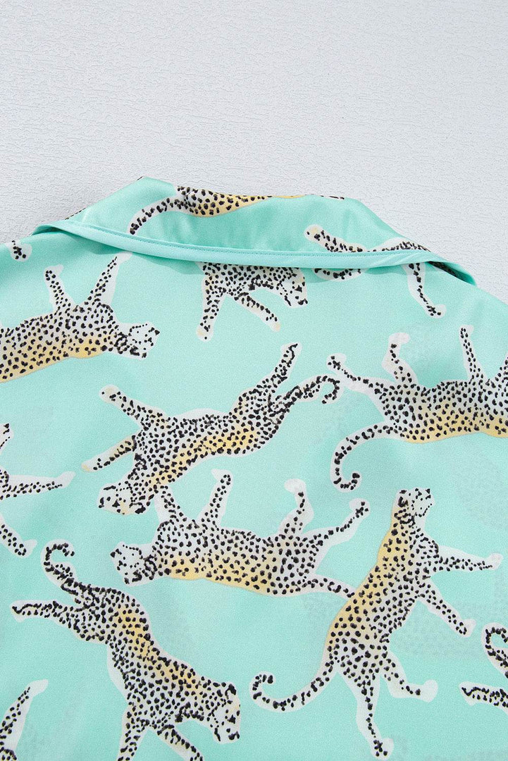 Green Leopard Satin Ruffle Pajama Short Set - Fashion Queen -  11