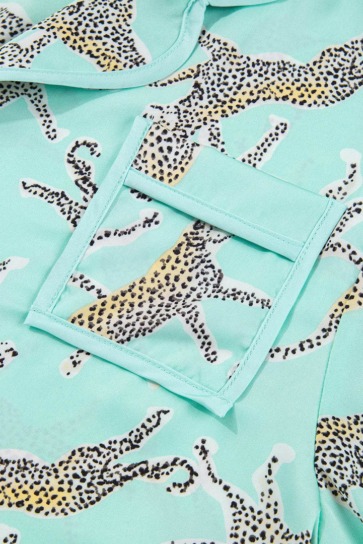 Green Leopard Satin Ruffle Pajama Short Set - Fashion Queen -  12