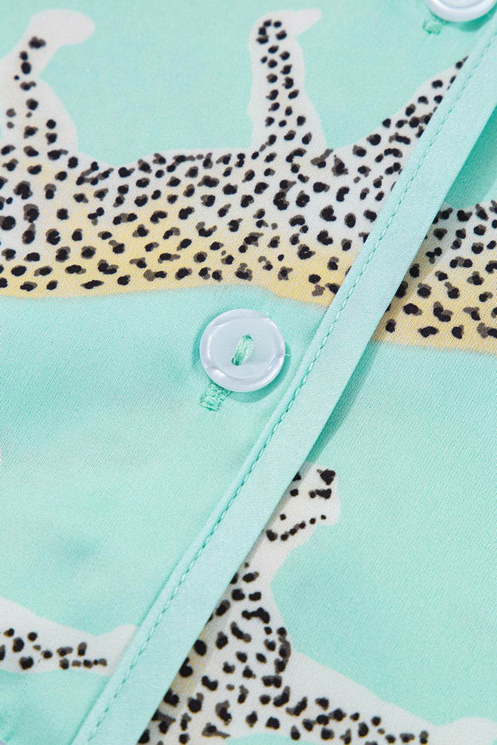 Green Leopard Satin Ruffle Pajama Short Set - Fashion Queen -  14