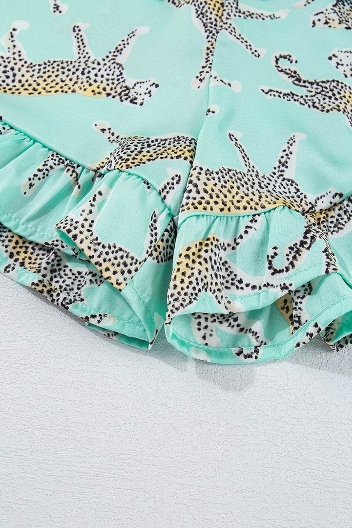Green Leopard Satin Ruffle Pajama Short Set - Fashion Queen -  15