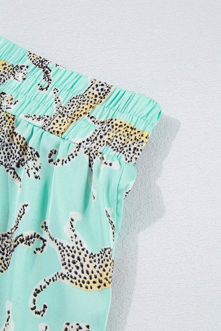 Green Leopard Satin Ruffle Pajama Short Set - Fashion Queen -  16