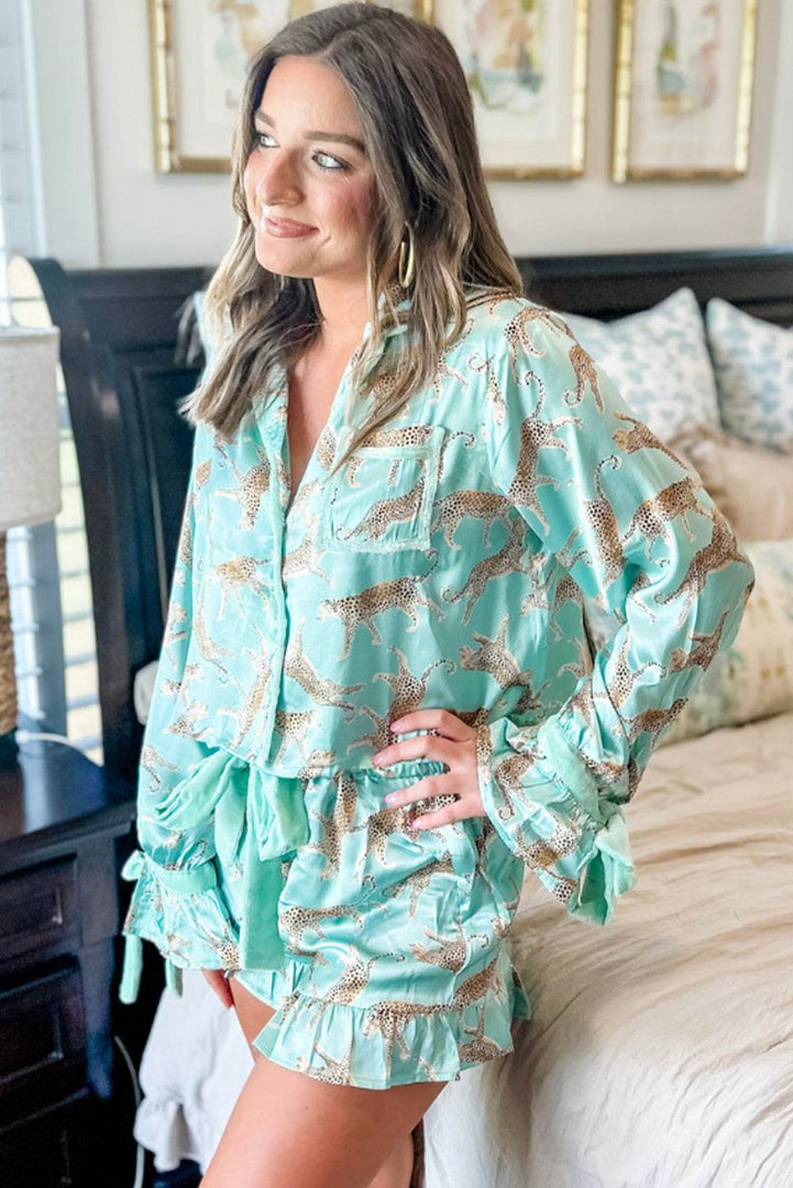 Green Leopard Satin Ruffle Pajama Short Set - Fashion Queen -  2