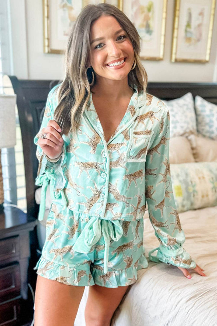 Green Leopard Satin Ruffle Pajama Short Set - Fashion Queen -  3