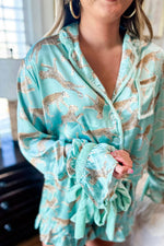 Load image into Gallery viewer, Green Leopard Satin Ruffle Pajama Short Set - Fashion Queen -  5
