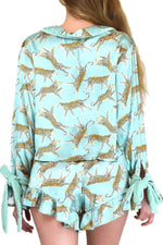 Load image into Gallery viewer, Green Leopard Satin Ruffle Pajama Short Set - Fashion Queen -  6
