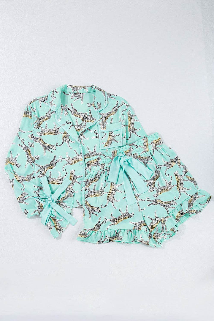 Green Leopard Satin Ruffle Pajama Short Set - Fashion Queen -  7