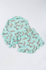 Load image into Gallery viewer, Green Leopard Satin Ruffle Pajama Short Set - Fashion Queen -  8
