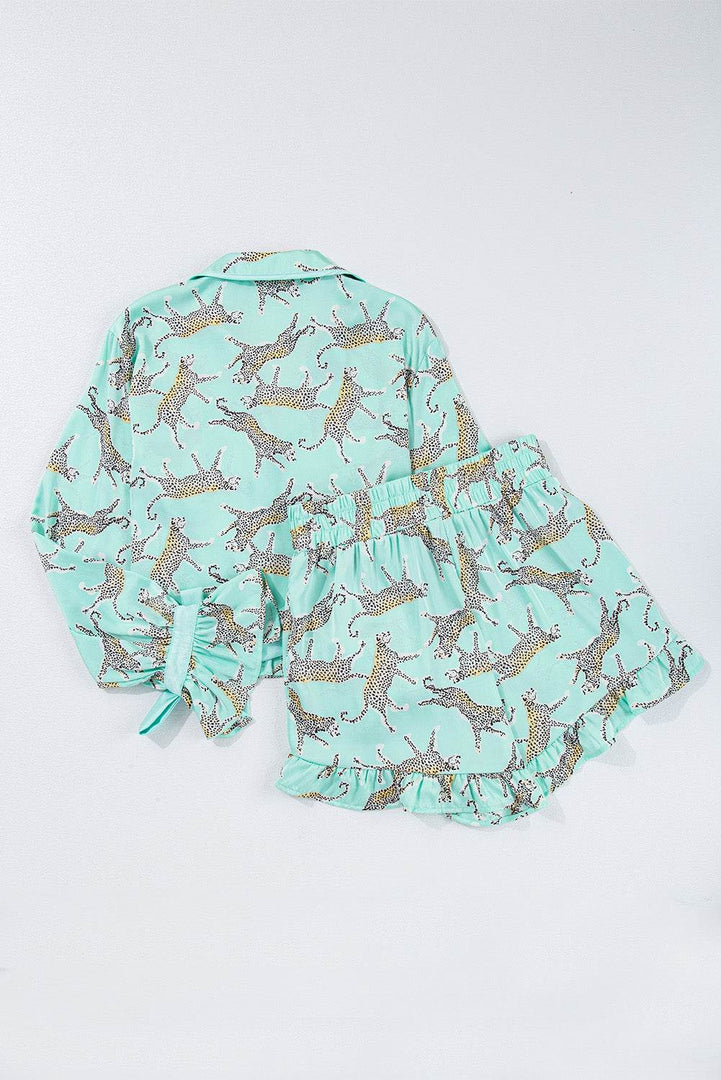 Green Leopard Satin Ruffle Pajama Short Set - Fashion Queen -  8