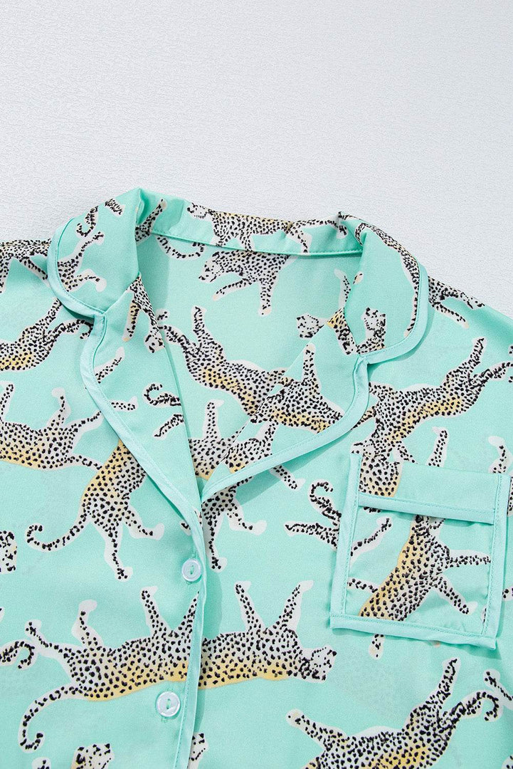 Green Leopard Satin Ruffle Pajama Short Set - Fashion Queen -  9