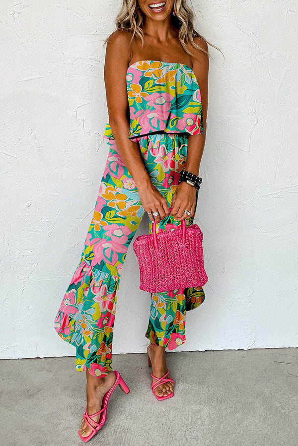 Green Mix Tropical Print Strapless Ruffled Jumpsuit - Fashion Queen -  1