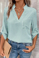 Load image into Gallery viewer, Green Stripe V Neck Roll Up Sleeve Pocket Patched Classic Shirt - Fashion Queen -  1
