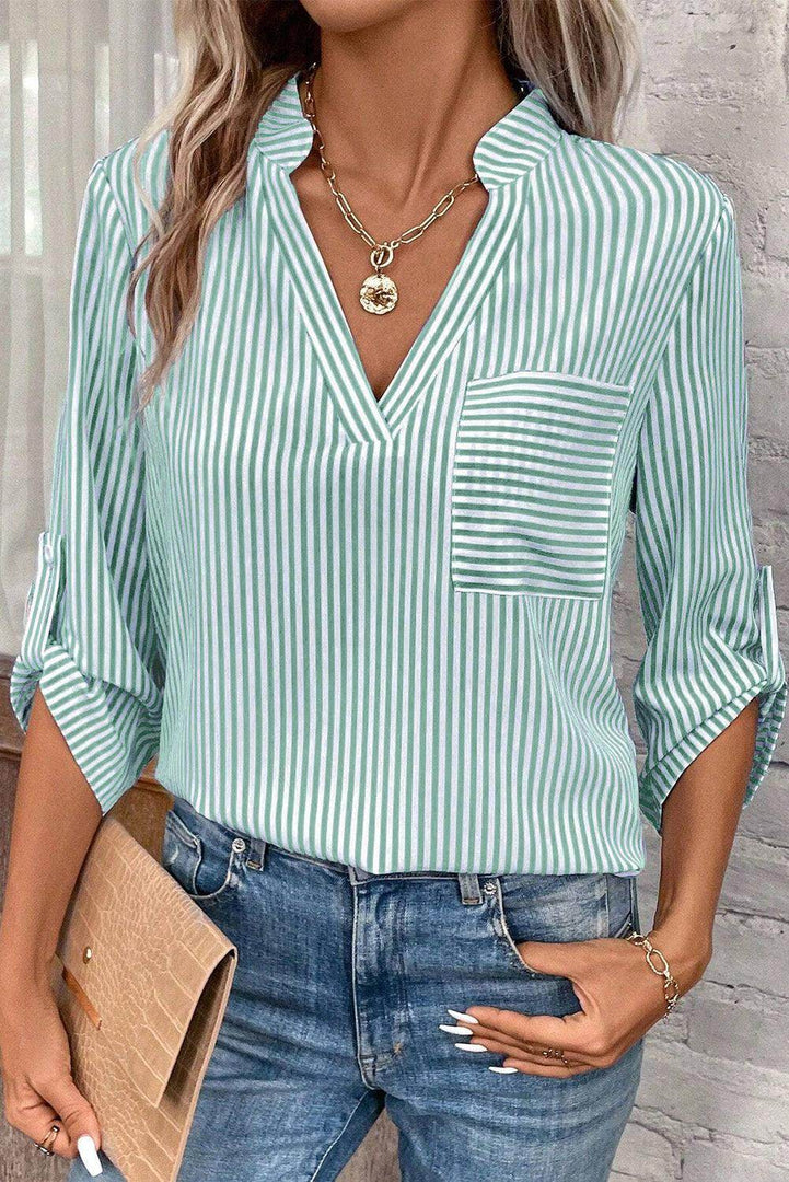 Green Stripe V Neck Roll Up Sleeve Pocket Patched Classic Shirt - Fashion Queen -  1