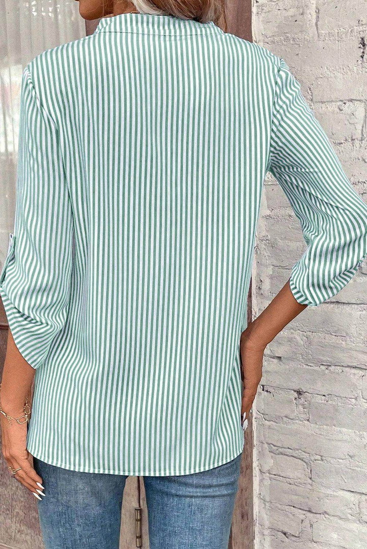Green Stripe V Neck Roll Up Sleeve Pocket Patched Classic Shirt - Fashion Queen -  2