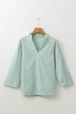 Load image into Gallery viewer, Green Stripe V Neck Roll Up Sleeve Pocket Patched Classic Shirt - Fashion Queen -  3
