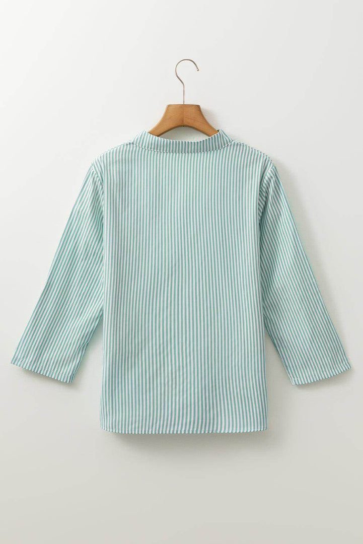 Green Stripe V Neck Roll Up Sleeve Pocket Patched Classic Shirt - Fashion Queen -  4