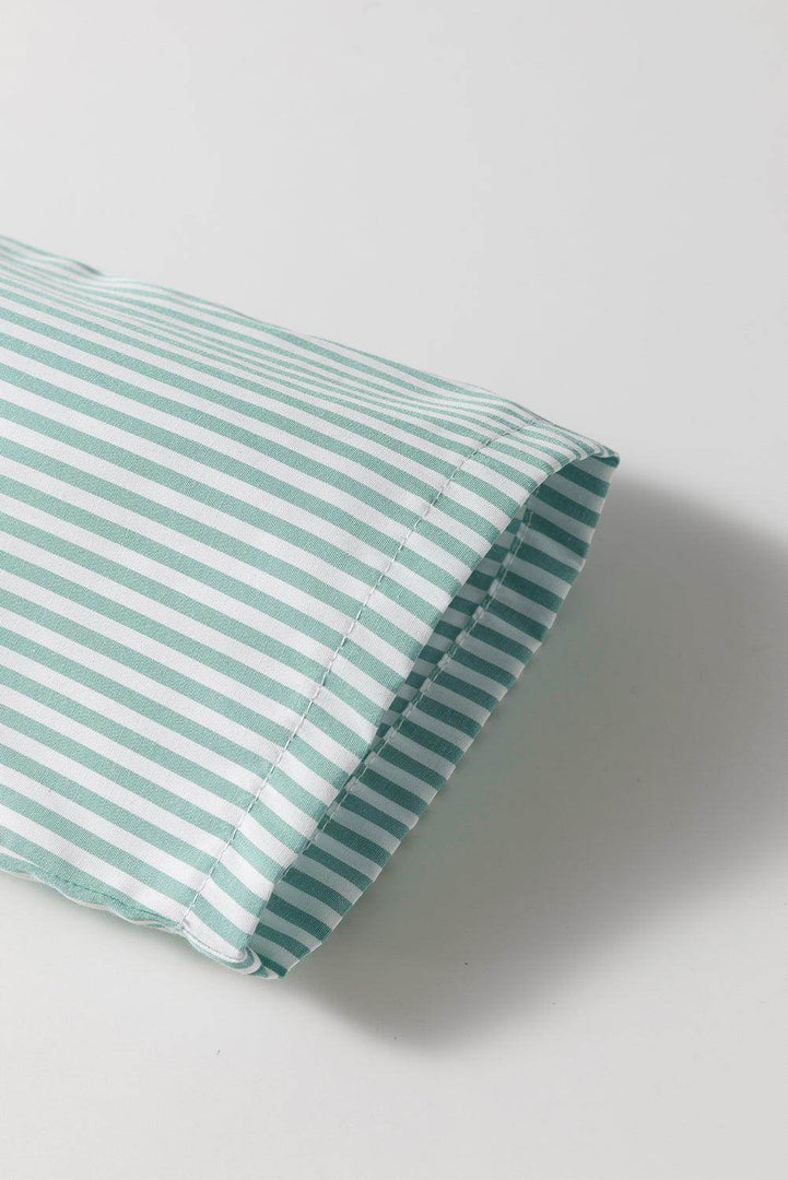 Green Stripe V Neck Roll Up Sleeve Pocket Patched Classic Shirt - Fashion Queen -  5