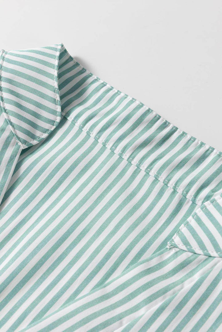 Green Stripe V Neck Roll Up Sleeve Pocket Patched Classic Shirt - Fashion Queen -  6