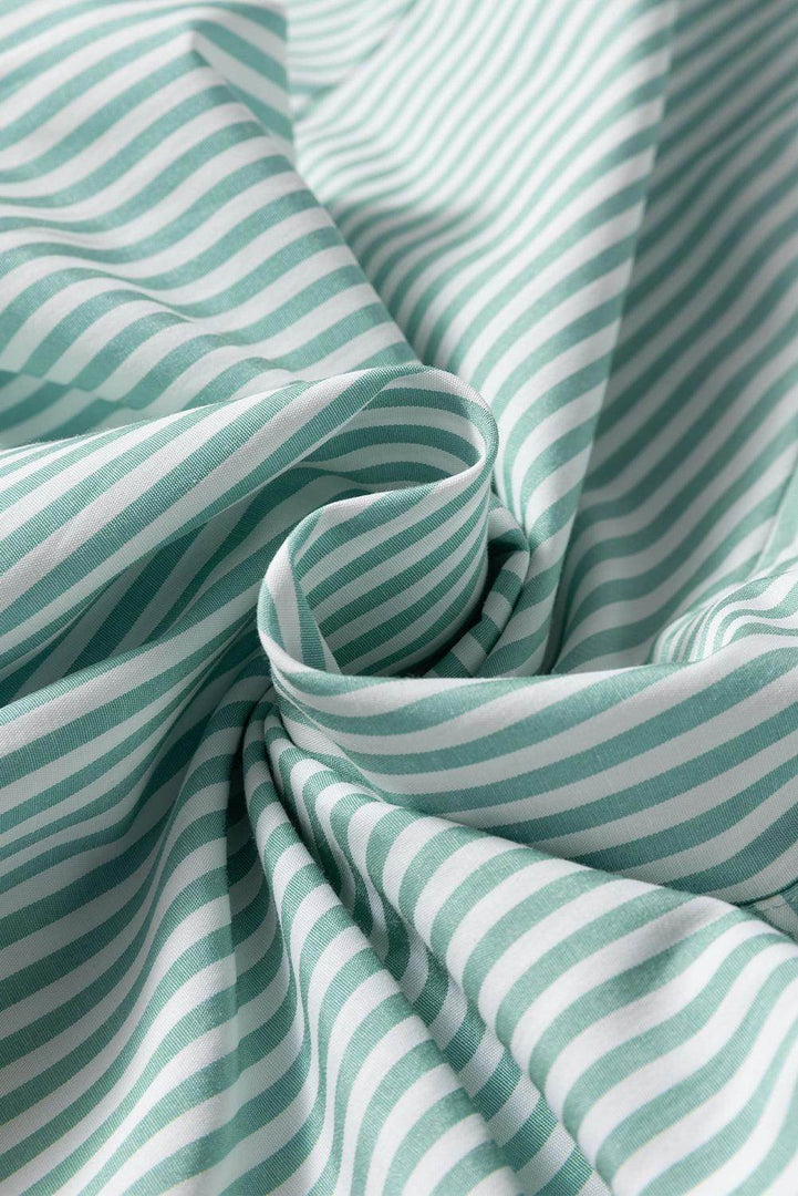 Green Stripe V Neck Roll Up Sleeve Pocket Patched Classic Shirt - Fashion Queen -  7